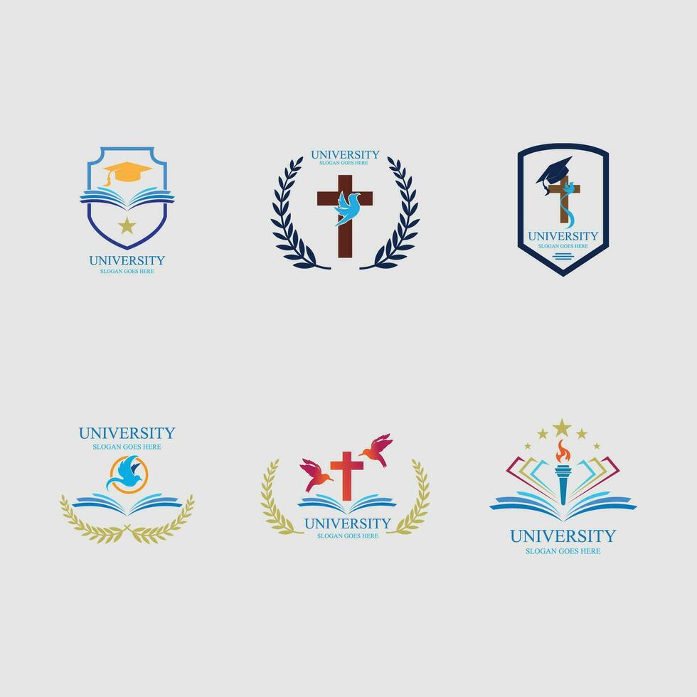 icônes vectorielles de l'université et de l'académie. emblèmes ou boucliers destinés aux diplômés du secondaire en sciences maritimes ou en droit. rubans et insignes de chapeau de célibataire, couronne de laurier, modèle de logo vectoriel