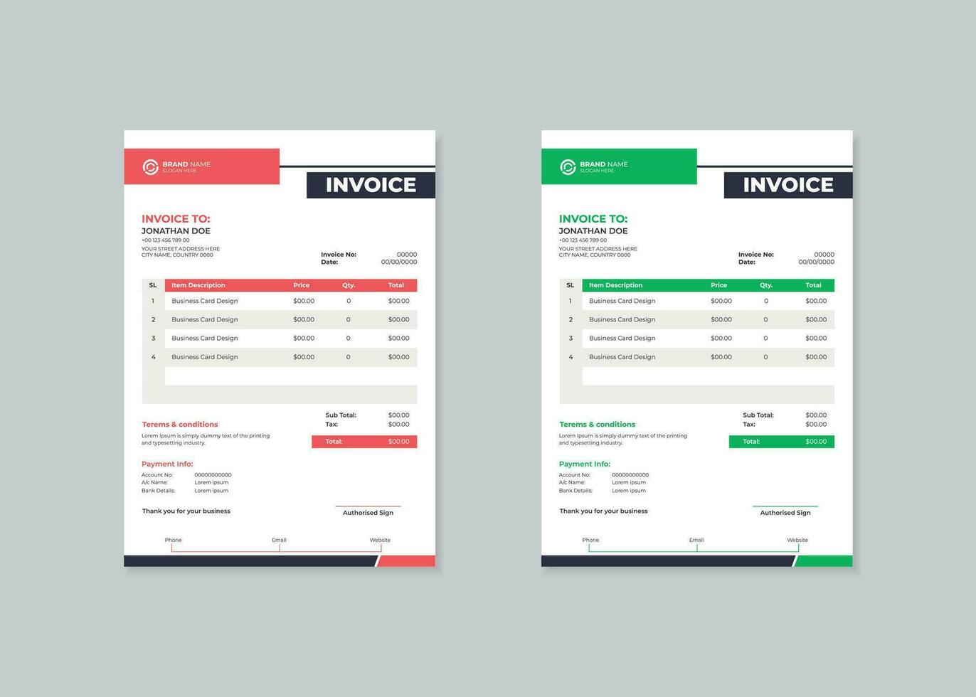 2 Couleur affaires facture d'achat modèle. argent factures ou prix factures et Paiement accord conception modèles. vecteur