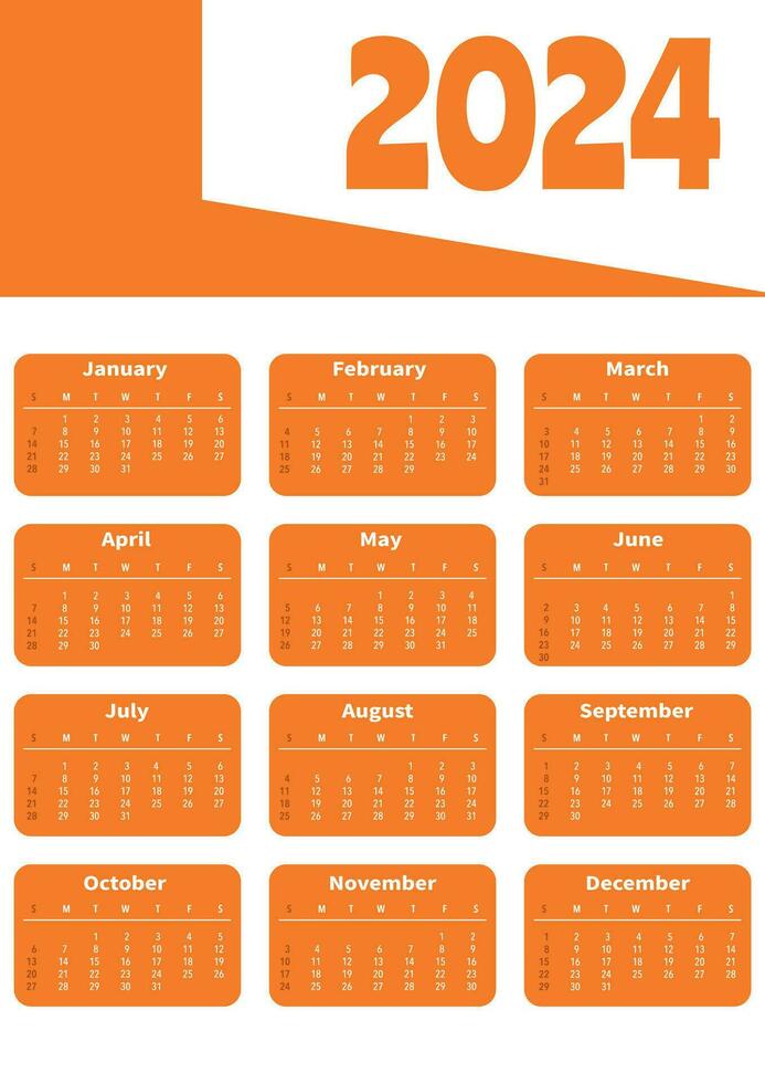 Facile 2024 année Orange mur calendrier a3 format. la semaine départs sur dimanche vecteur