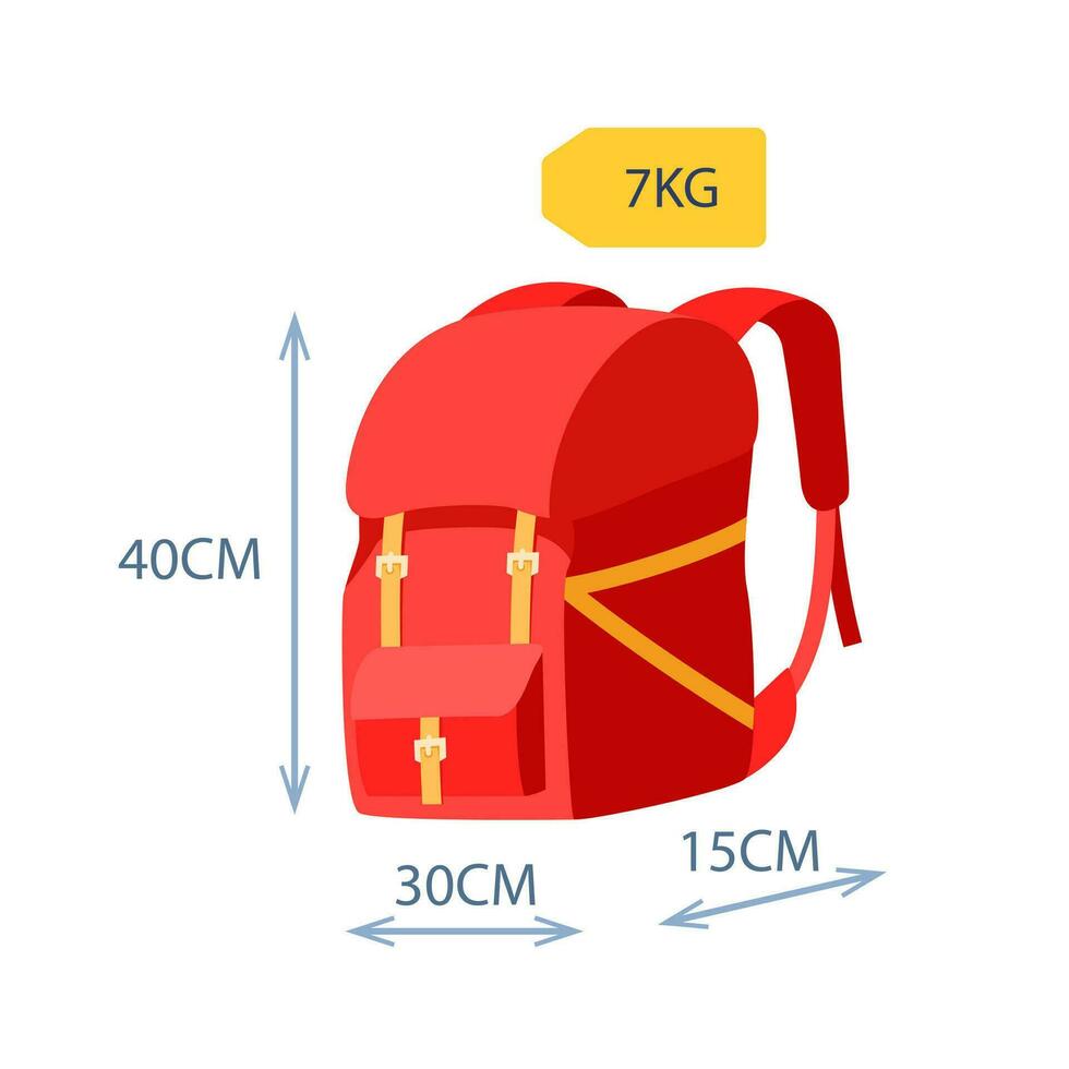 bagages allocation. sac à dos avec dimensionnel flèches poids étiqueter. poids et Taille de bagage allocation. main bagage exigences pour air Voyage. vecteur illustration.