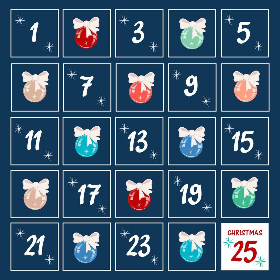 carré avènement calendrier avec Nombres et Noël des balles sur une bleu Contexte. modèle pour impression et la toile conception vecteur