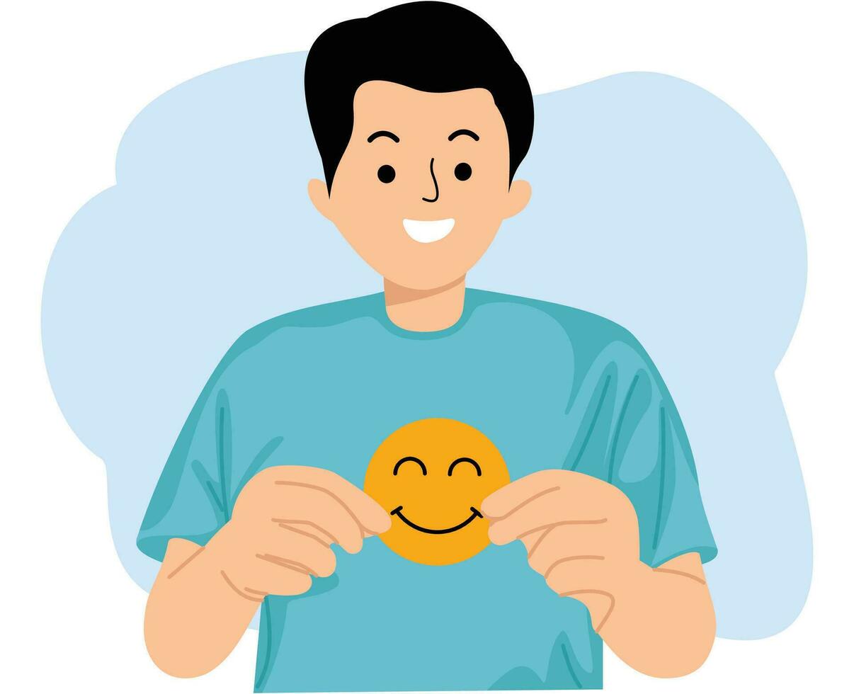 Jeune homme main tenir papier Couper souriant visage émoticône symbole vecteur