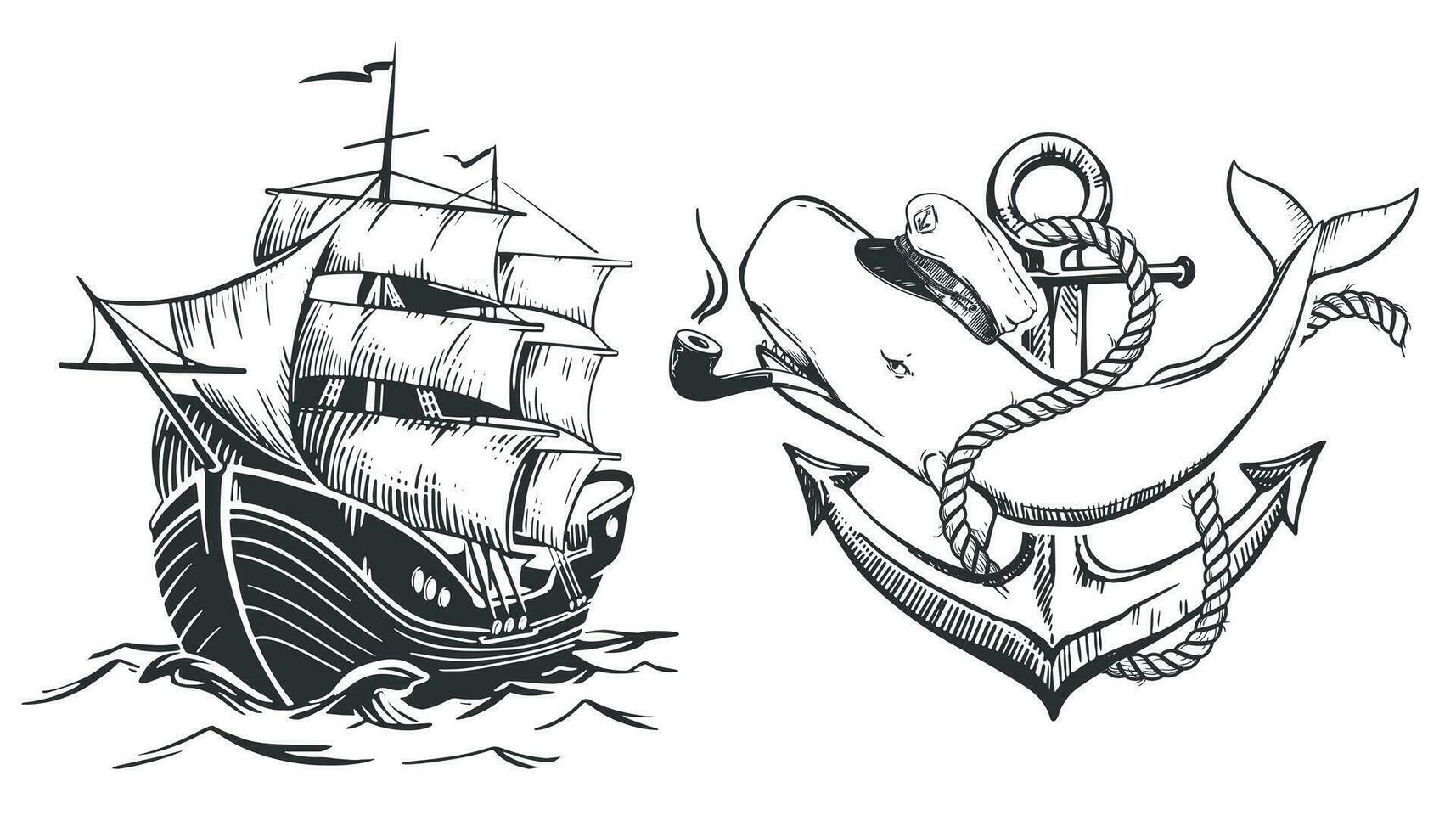 blanc sperme baleine dans une du capitaine casquette et avec une fumeur tuyau dans le sien bouche. une voilier voiles sur le vagues avec élevé voiles. vieux école tatouage esquisser. vecteur illustration dans gravure style.