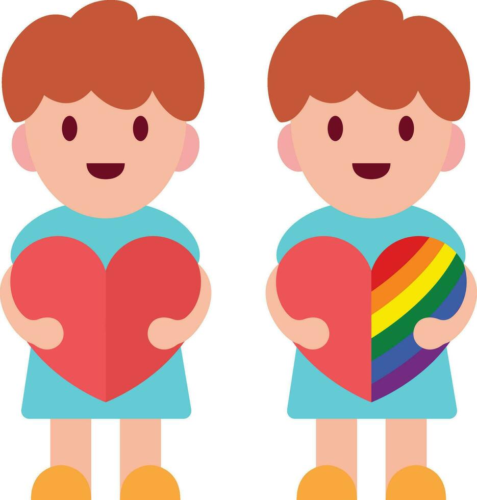 enfant en portant une rouge cœur et une arc en ciel coloré cœur plat style vecteur illustration, garçon en portant une cœur lgbt représenter Stock vecteur image