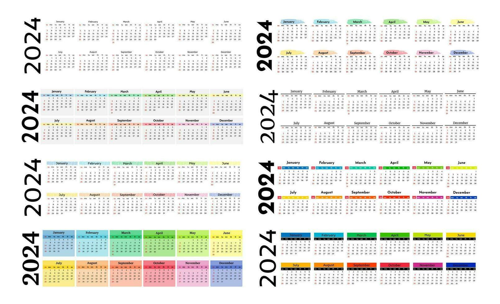 ensemble de huit horizontal calendriers pour 2024 isolé sur une blanc Contexte. dimanche à lundi, affaires modèle. vecteur illustration