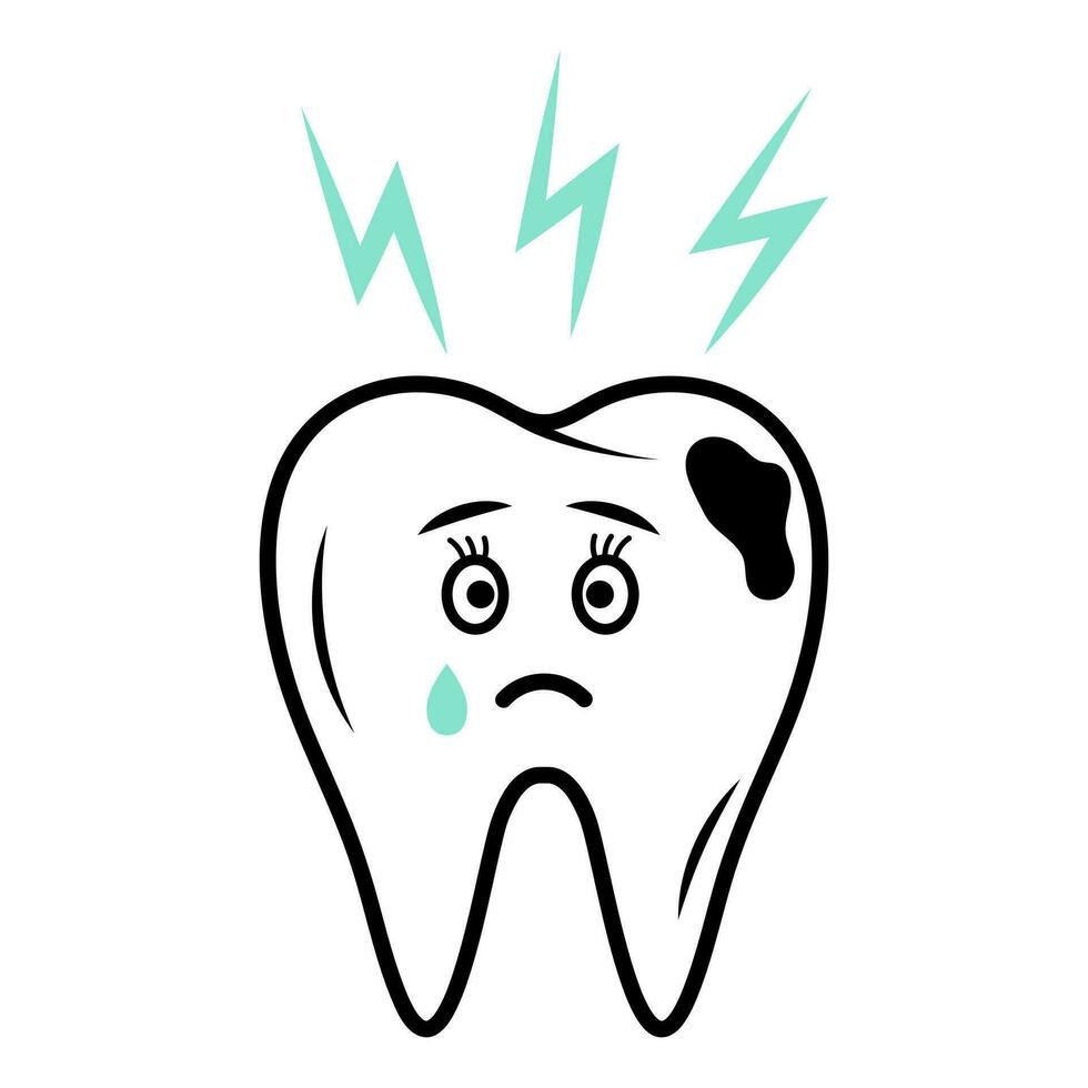 dent mignonne triste personnage avec carie pleurs. linéaire griffonnage icône avec bleu foudre icône. dent douleur, gencive problème, dentaire traitement, dentaire se soucier concept. vecteur