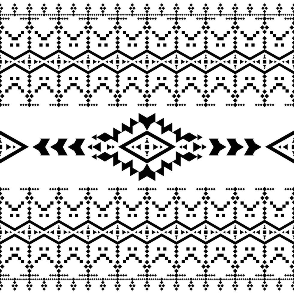 ethnique géométrique Contexte. sans couture contemporain modèle dans pixel style. aztèque navajo et originaire de américain motifs. noir et blanche. conception pour tissu, textile, ornement, impression, intérieur, tapis. vecteur