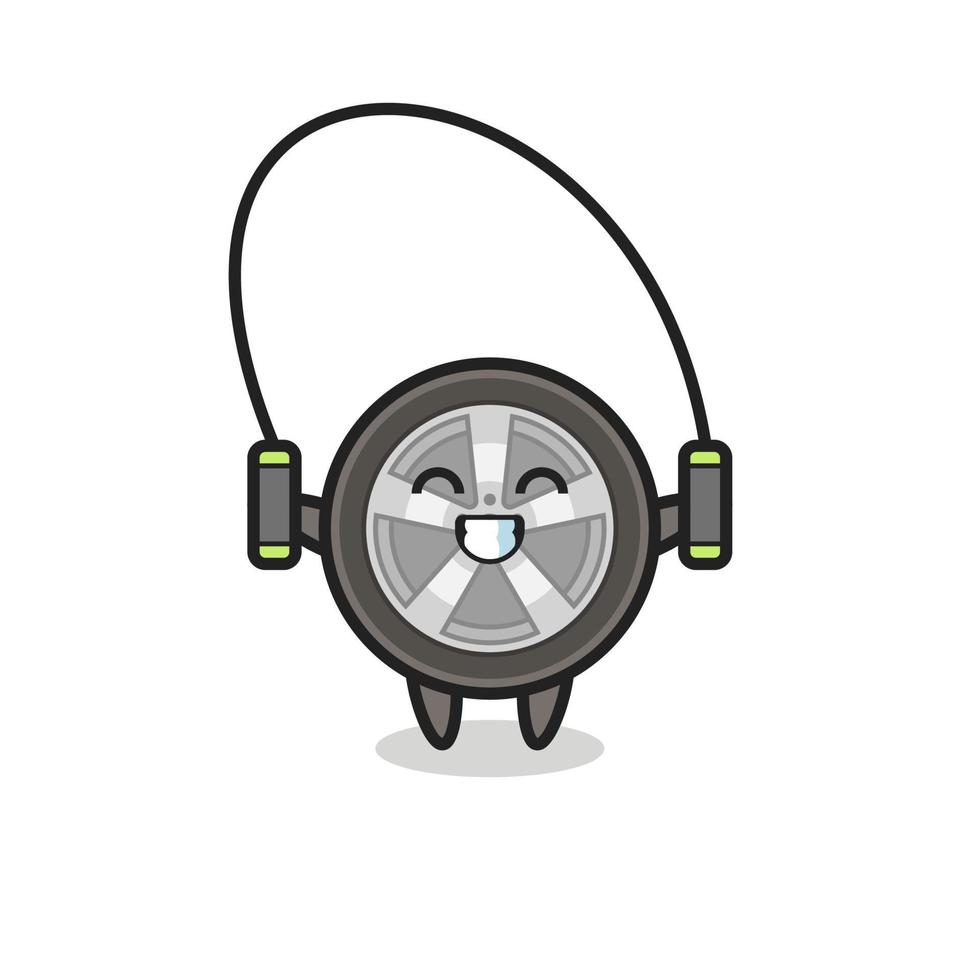 Caricature de personnage de roue de voiture avec corde à sauter vecteur