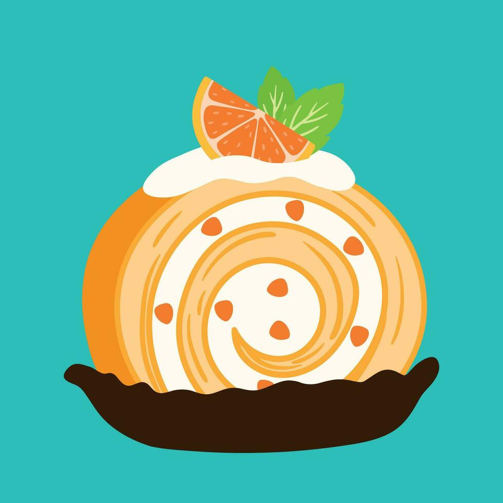 rouleau gâteau Orange mandarine sucré dessert casse-croûte icône mignonne plat dessin animé vecteur illustration