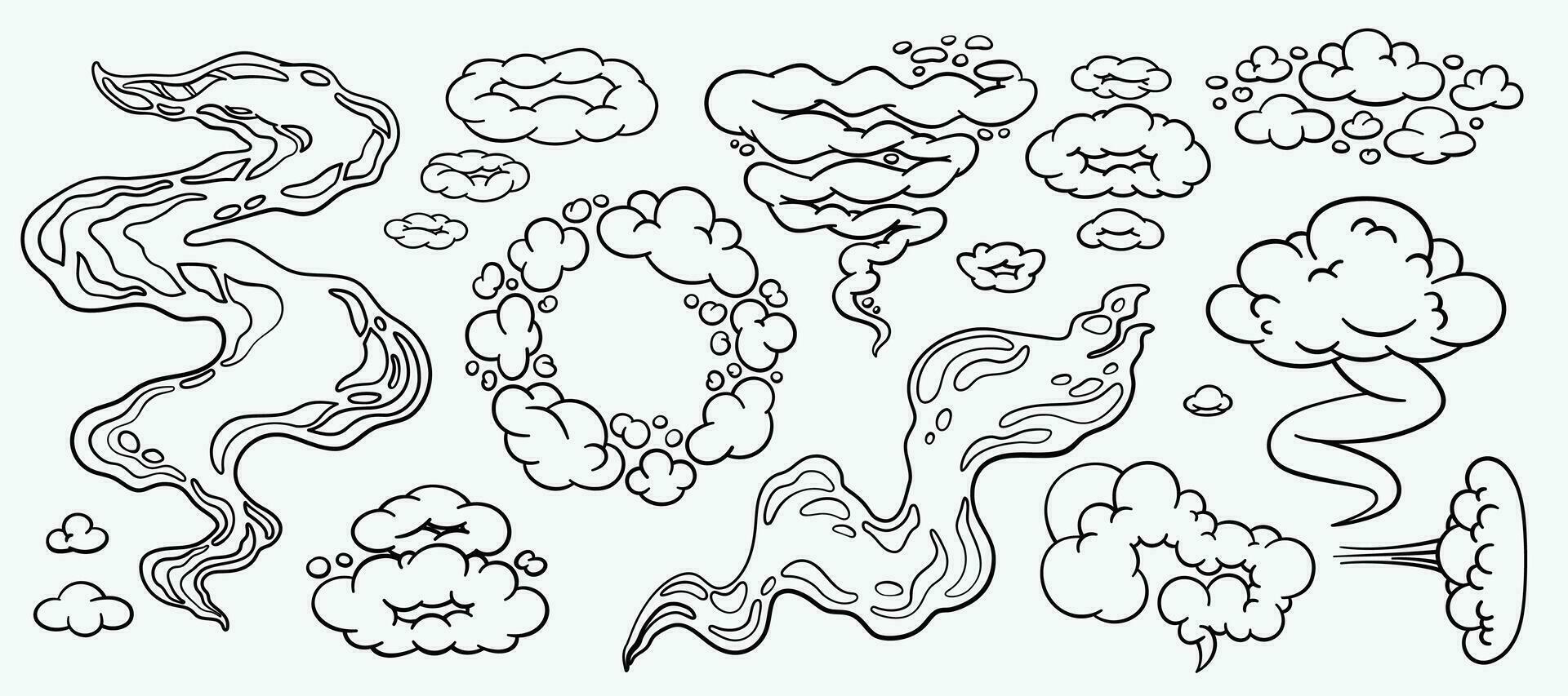 bande dessinée des nuages, dessin animé vecteur des nuages dans ligne style isolé sur lumière Contexte. vecteur illustration