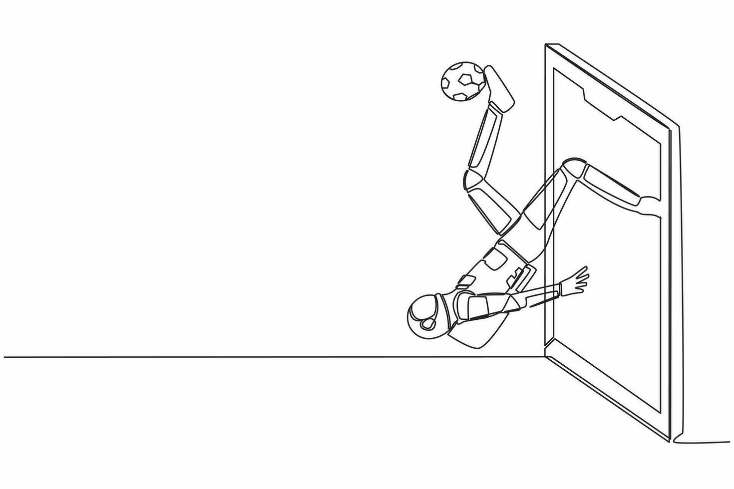 Célibataire continu ligne dessin astronaute Football joueur coups de pied certains aérien Balle en dehors de téléphone intelligent filtrer. mobile des sports jouer correspondre. cosmonaute Profond espace. un ligne graphique conception vecteur illustration