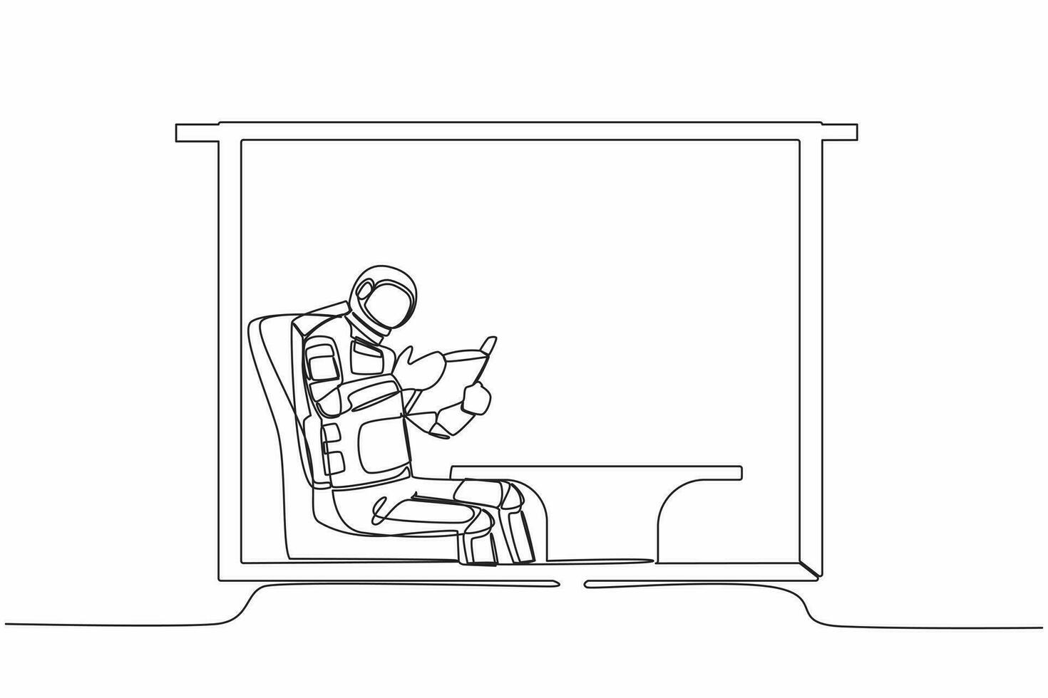 continu un ligne dessin astronaute séance dans chaise et en train de lire livre dans lune surface. séance dans fauteuil près fenêtre dans vivant chambre. cosmonaute extérieur espace. Célibataire ligne conception vecteur illustration