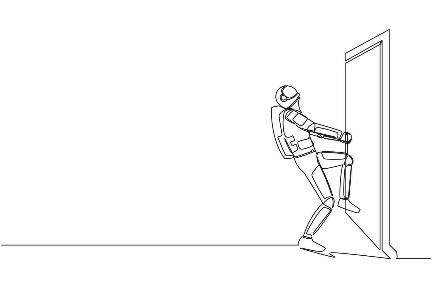 Célibataire un ligne dessin astronaute tirant fermé porte bouton avec pouvoir, métaphore à orienté vers problème. espace exploration lutte. cosmique galaxie espace. continu ligne graphique conception vecteur illustration