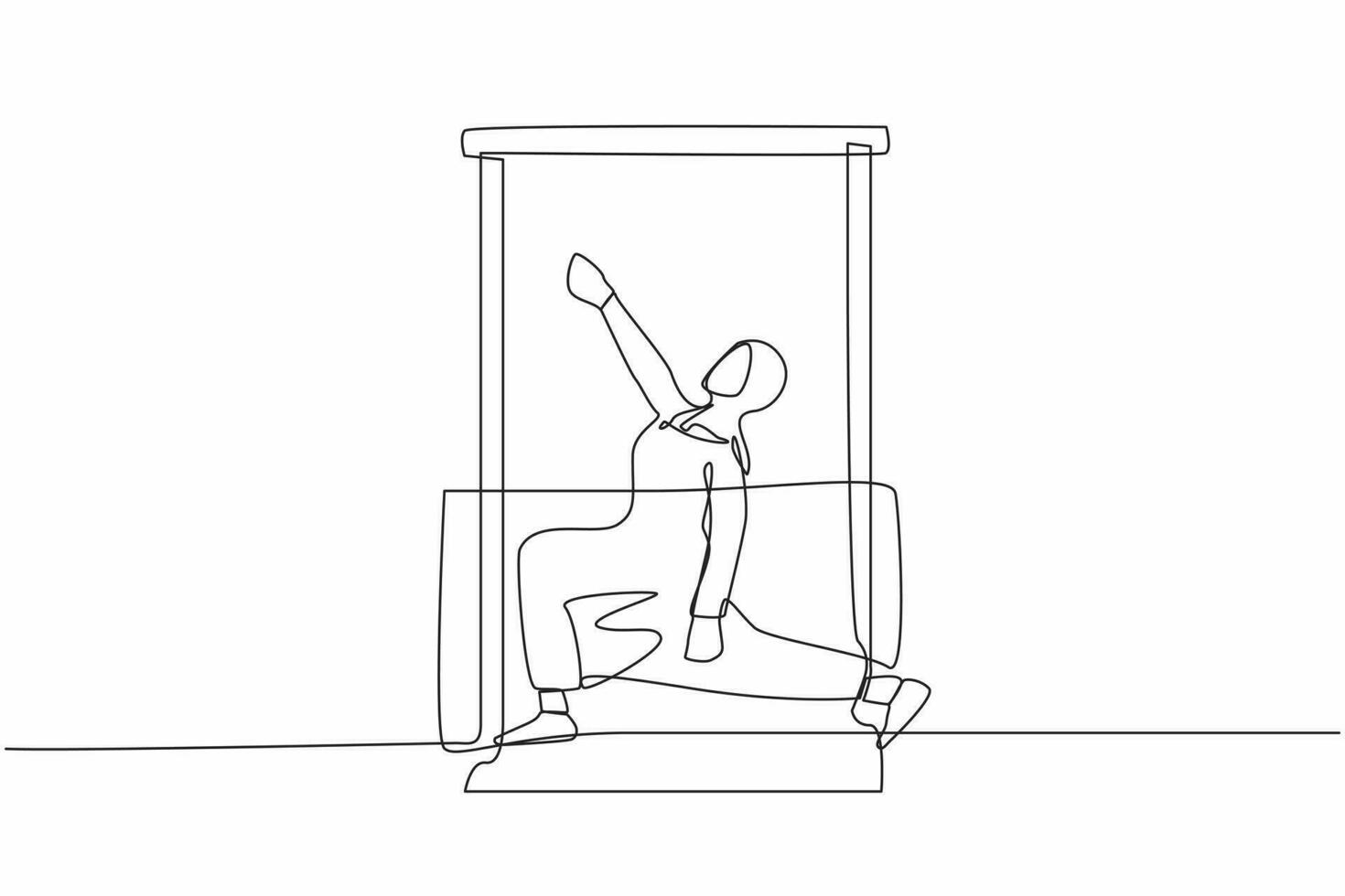 Célibataire continu ligne dessin en bonne santé arabe femme avec casque de musique les pratiques yoga près fenêtre dans balcon. des sports activité, entraînement, exercer, aptitude, à l'intérieur un ligne dessiner conception vecteur illustration