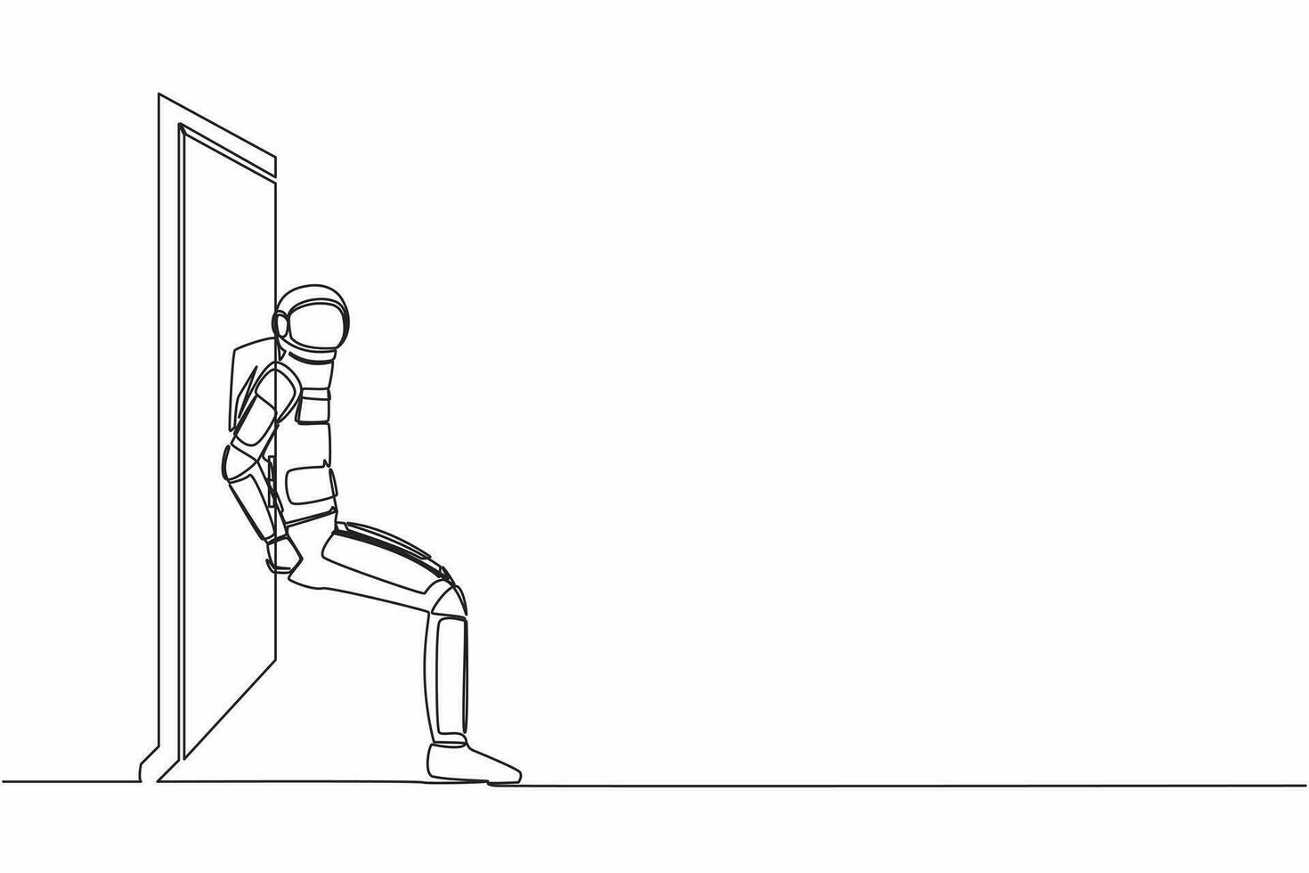 continu un ligne dessin de Jeune astronaute pousser porte avec le sien dos. astronaute surmonter obstacles dans vaisseau spatial expédition. cosmonaute extérieur espace. Célibataire ligne graphique conception vecteur illustration