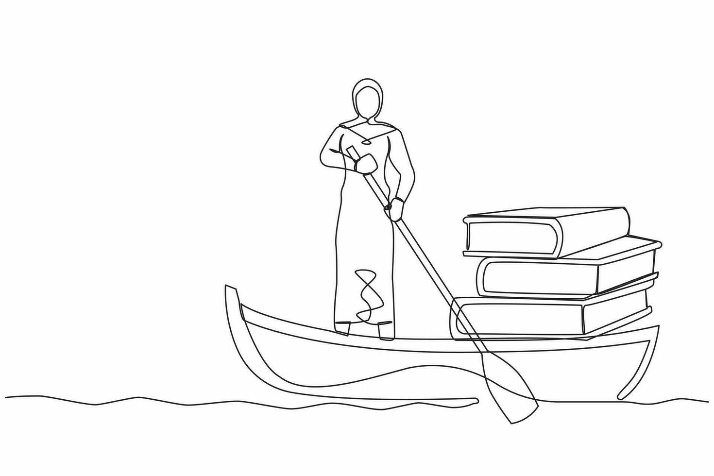 Célibataire continu ligne dessin arabe femme d'affaires permanent dans bateau et voile avec livres empiler. Succès directeur avec extensif connaissance. étude et croissance. un ligne graphique conception vecteur illustration