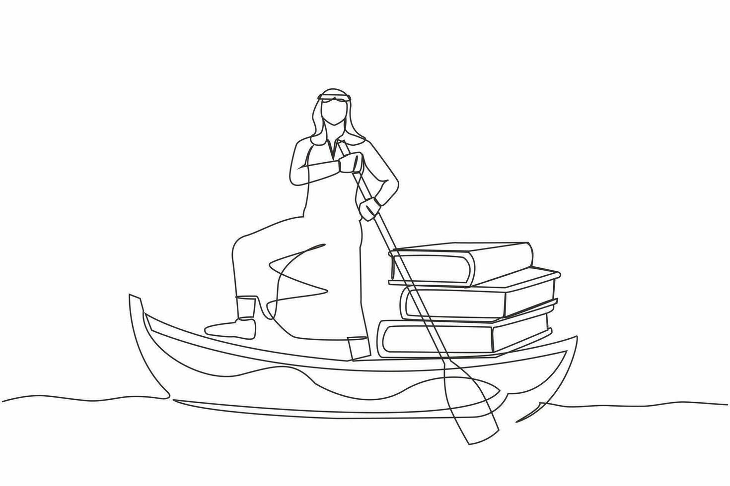 Célibataire continu ligne dessin arabe homme d'affaire voile une façon sur bateau avec pile de livres. intellectuel le progrès par avoir utilisé à en train de lire livre. éducation concept. un ligne conception vecteur illustration