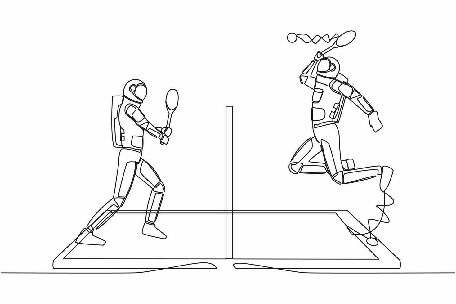 Célibataire un ligne dessin de numérique tennis tribunal avec deux astronaute joueurs sur téléphone intelligent filtrer. professionnel en ligne des sports concours. cosmique galaxie espace. continu ligne conception vecteur illustration