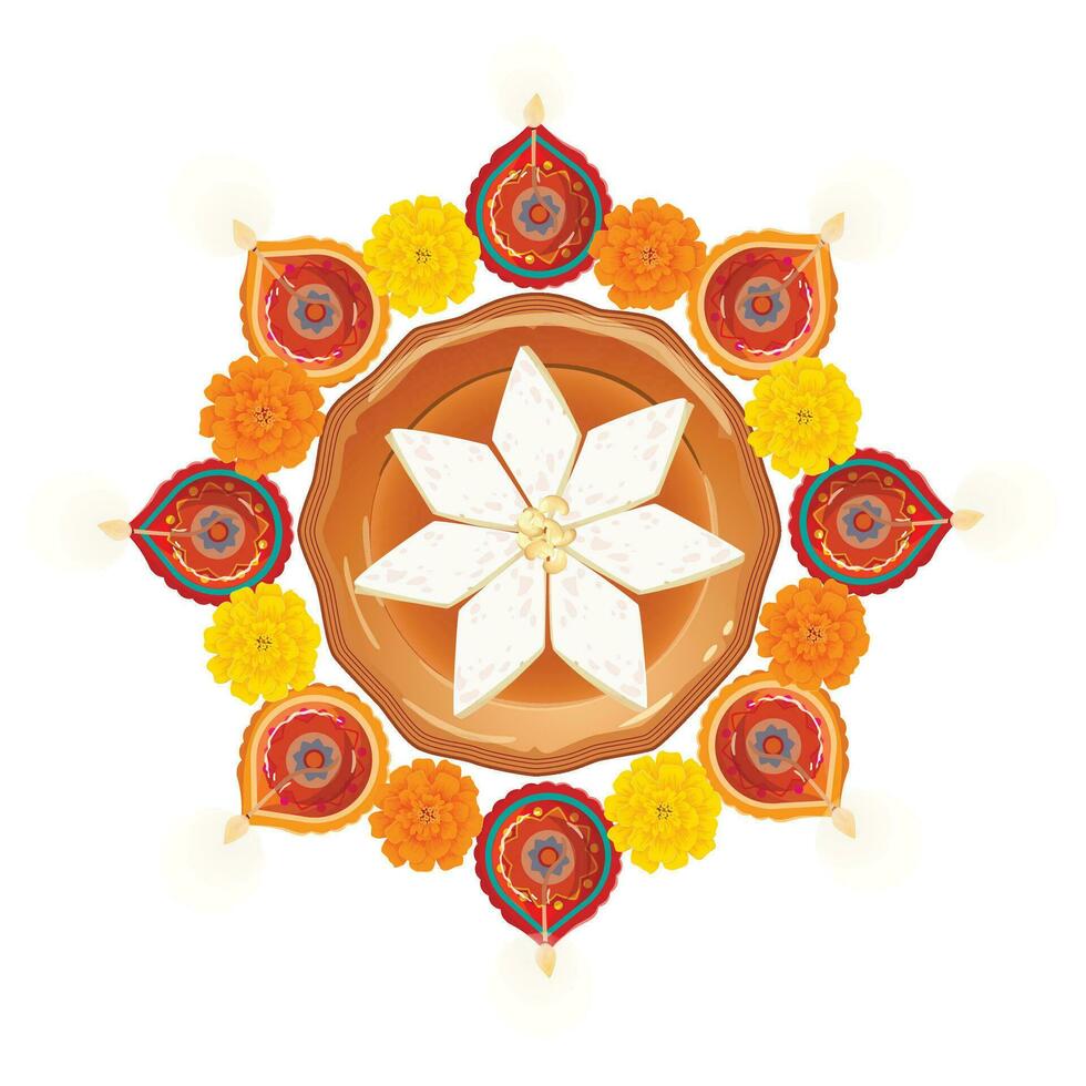 illustration de brûlant diya et souci fleurs avec kaju Katli Indien sucré pour lumière Festival de Inde. diwali vacances Contexte vecteur