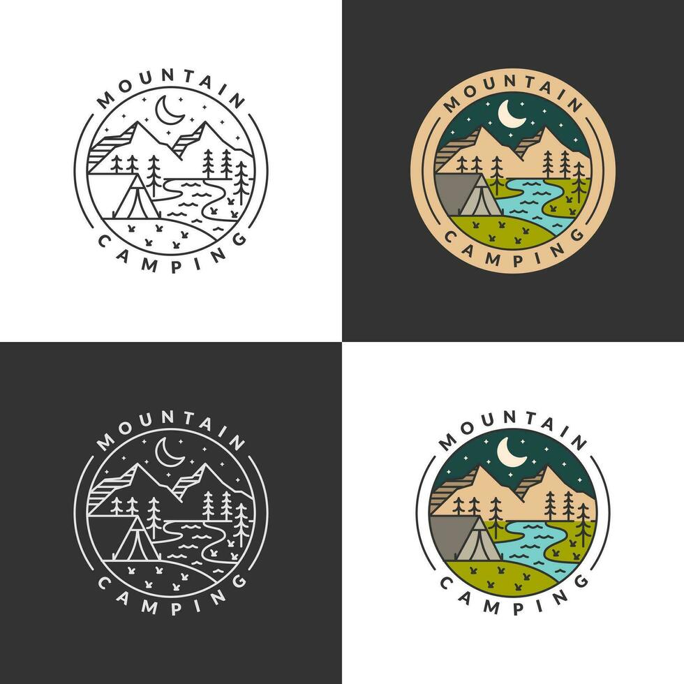 Montagne et nuit camp badge monoline ou ligne art style vecteur illustration