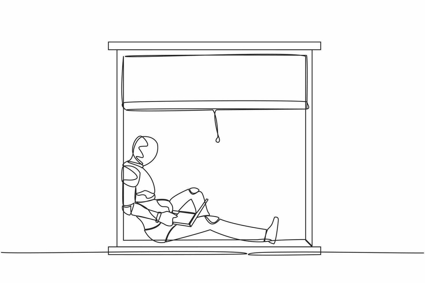 continu un ligne dessin robot pigiste séance sur rebord de fenêtre, travail en utilisant portable. éloigné travail de maison. humanoïde robot organisme. futur robotique. Célibataire ligne graphique conception vecteur illustration