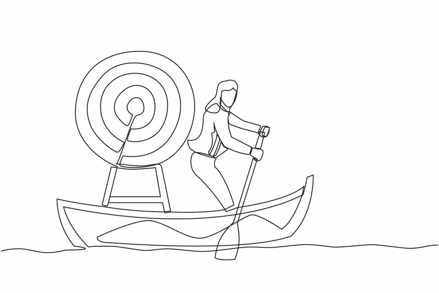 continu un ligne dessin femme d'affaires voile une façon sur bateau avec jeu de fléchettes cible. stratégique Planification entreprise à gagner concours. affaires mission. Célibataire ligne conception vecteur graphique illustration