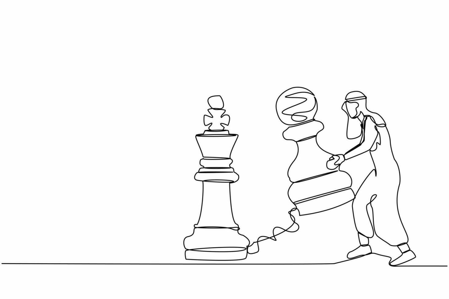 continu un ligne dessin arabe homme d'affaire levage pion échecs pièce à battre Roi échecs. stratégique planification, affaires développement stratégie, tactique dans jeu. Célibataire ligne dessiner conception vecteur illustration