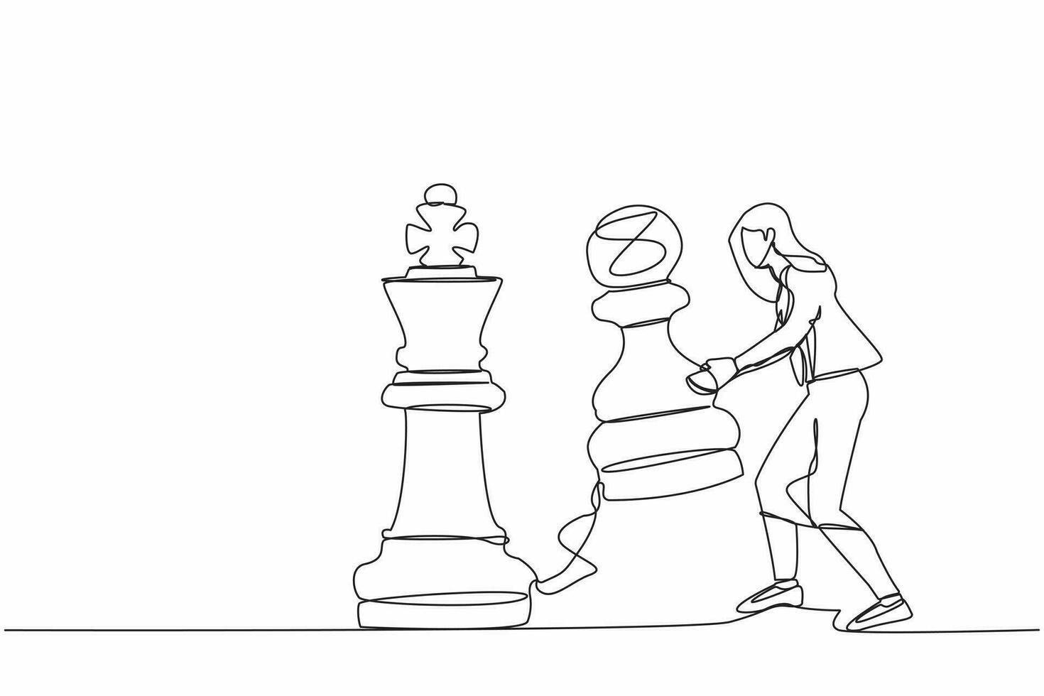 continu un ligne dessin femme d'affaires levage pion échecs pièce à battre Roi échecs. stratégique planification, affaires développement stratégie, tactique dans jeu. Célibataire ligne dessiner conception vecteur illustration