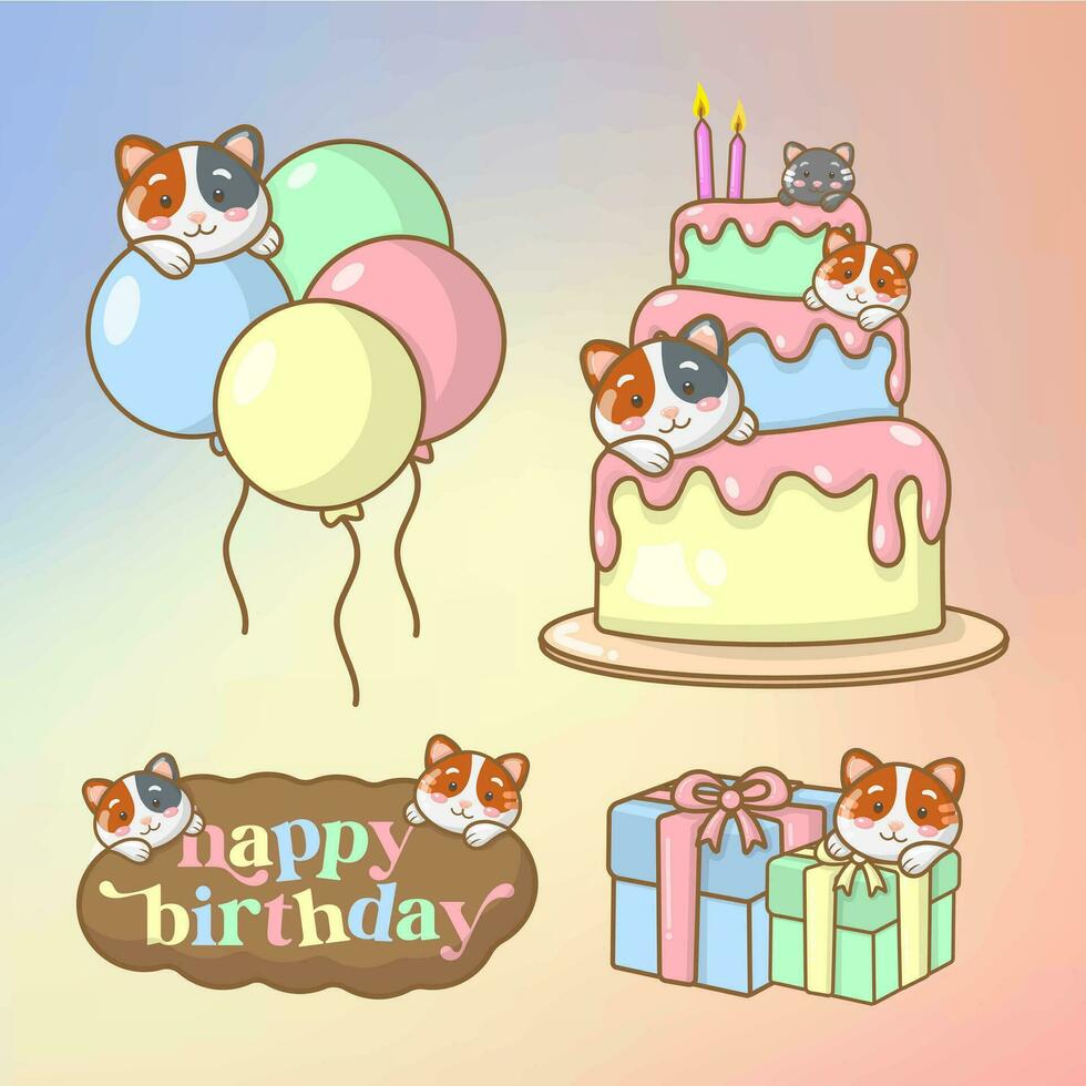 vecteur mignonne chat anniversaire fête avec ballon gâteau cadeau dessin animé