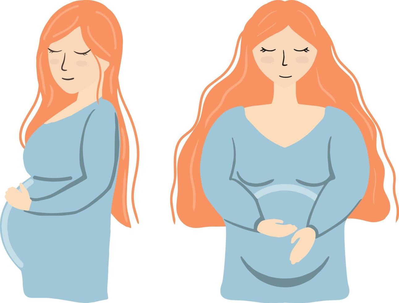 illustration vectorielle femme enceinte avec une robe bleue et des cheveux roux vecteur