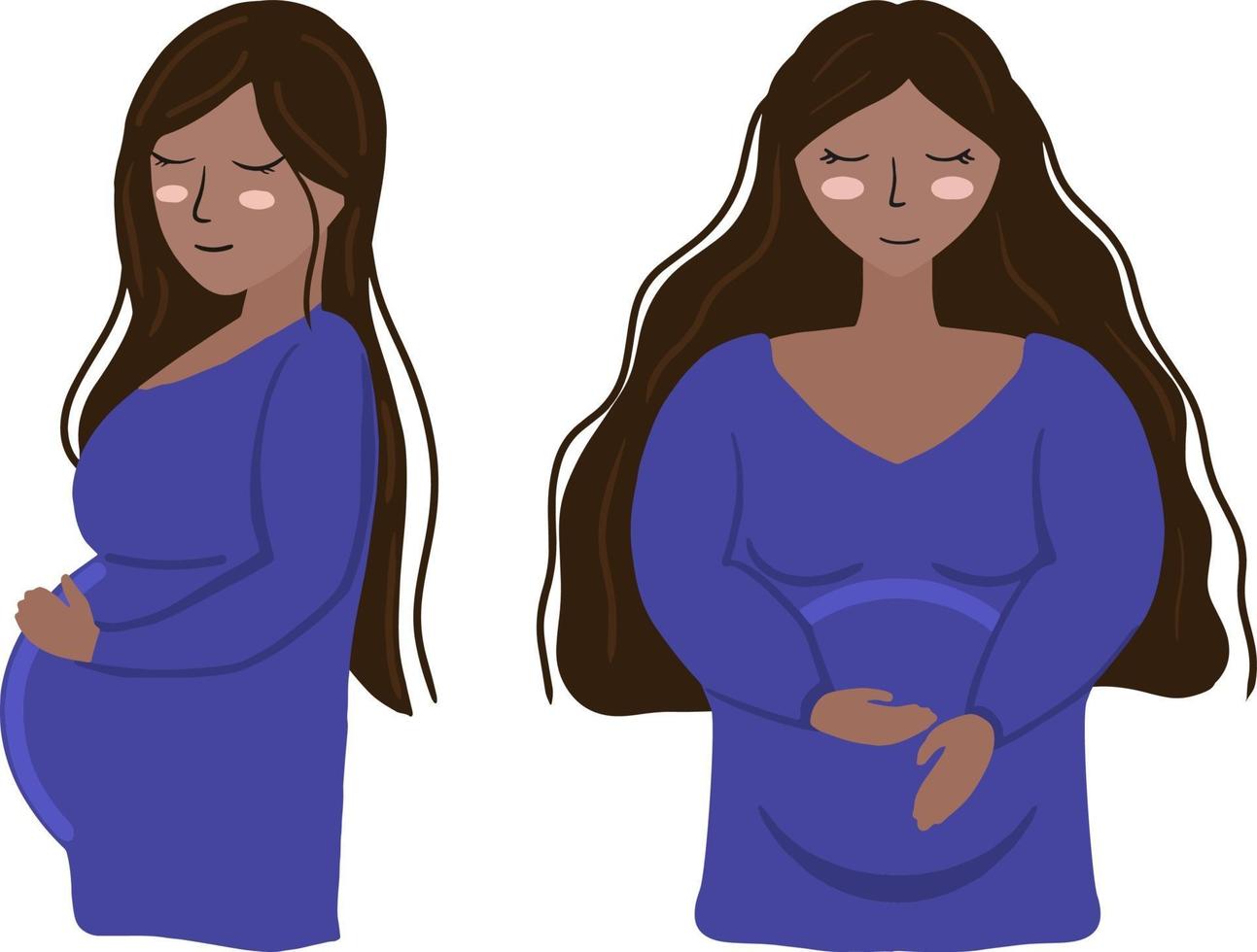 illustration vectorielle femme enceinte avec une robe bleue et des cheveux bruns vecteur