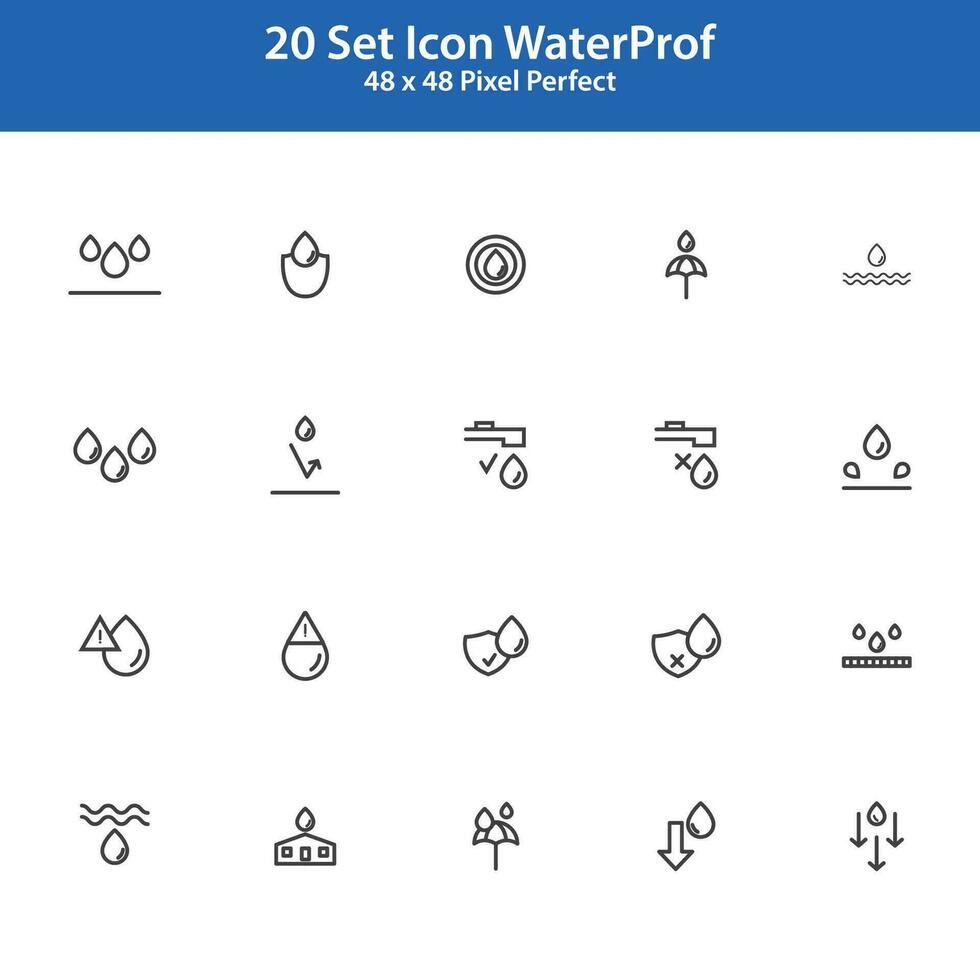 ensemble de en relation ligne Icônes eau souterraine ou imperméabilisation. Icônes contenir chute eau, imperméable, rebondir l'eau et plus, accident vasculaire cérébral est modifiable. 36x36 pixel parfait. vecteur