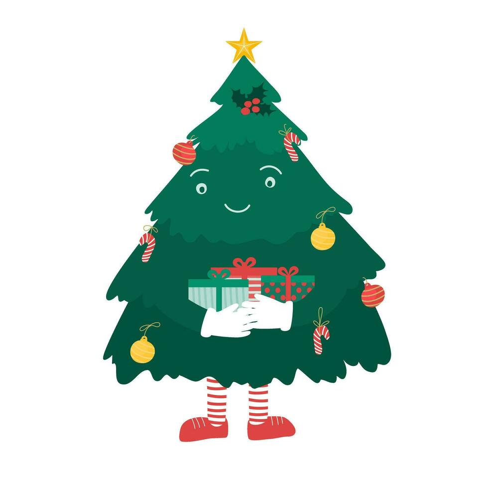 une souriant Noël arbre dans dessin animé style , plat vecteur. vecteur