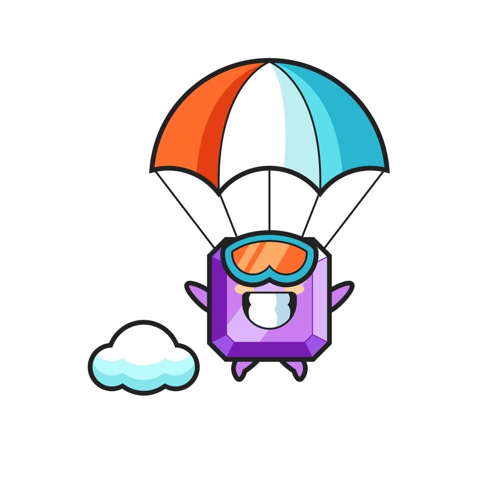 Le dessin animé de mascotte de pierres précieuses violettes saute en parachute avec un geste heureux vecteur