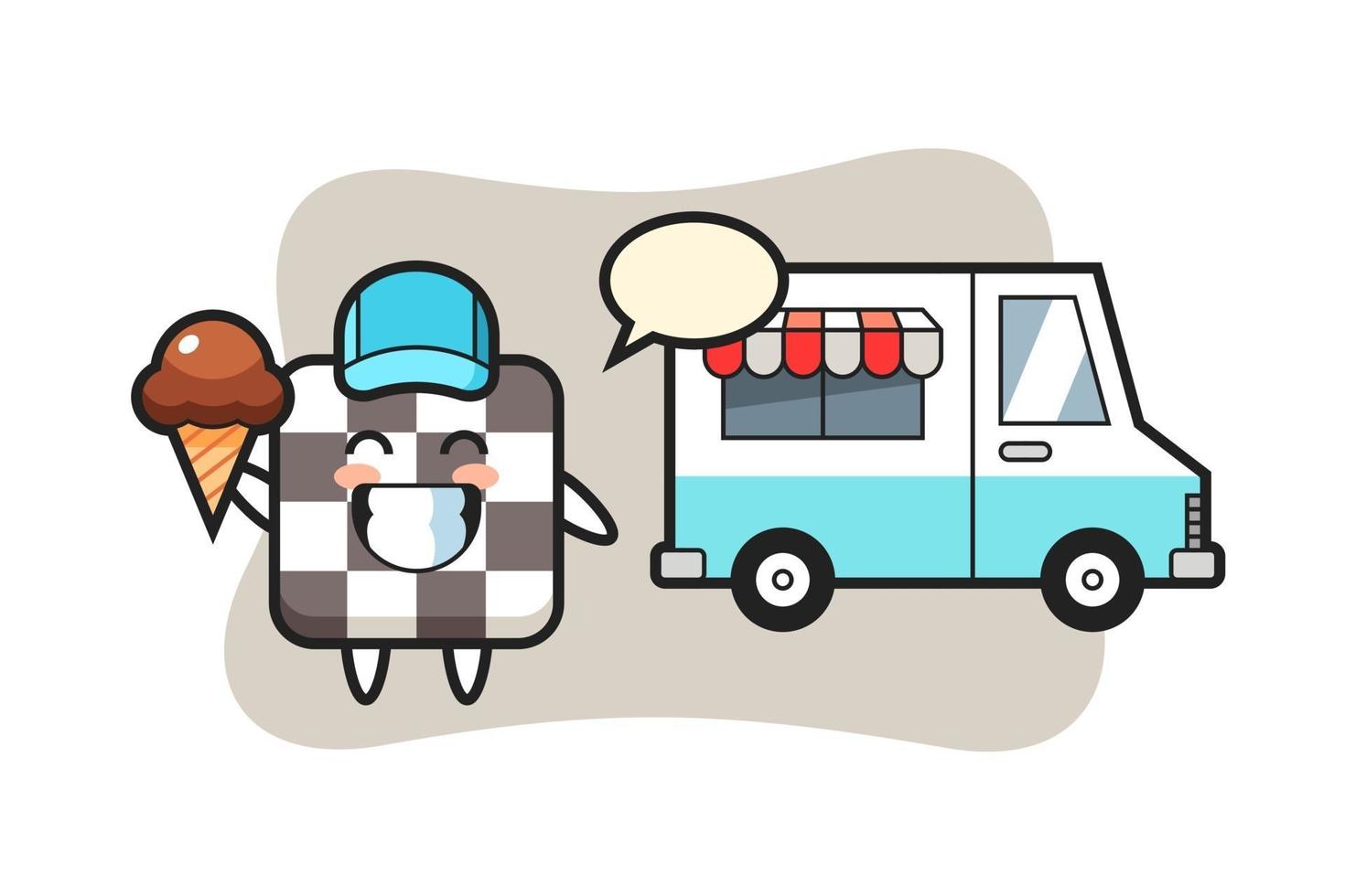 caricature de mascotte d'échiquier avec camion de crème glacée vecteur
