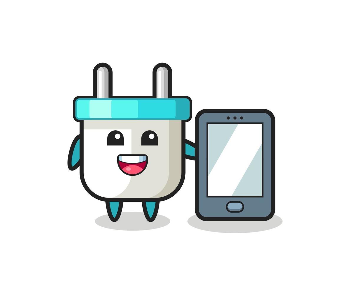 caricature d'illustration de prise électrique tenant un smartphone vecteur