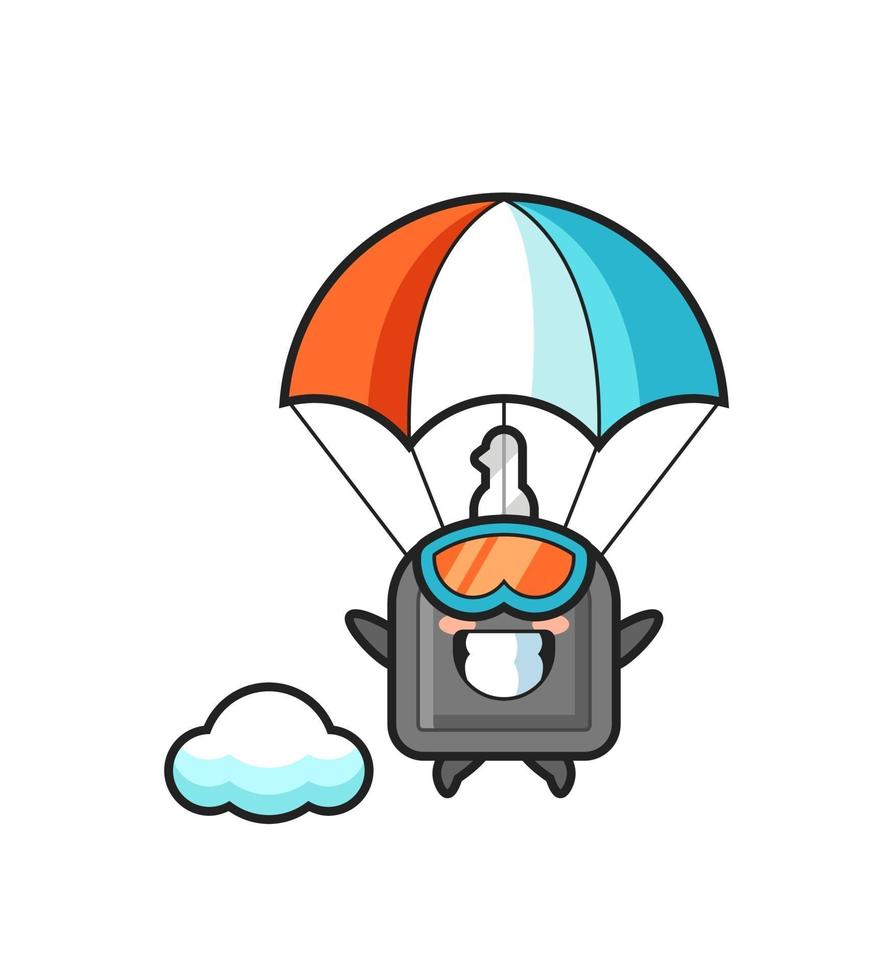 Le dessin animé de mascotte de clé de voiture saute en parachute avec un geste heureux vecteur