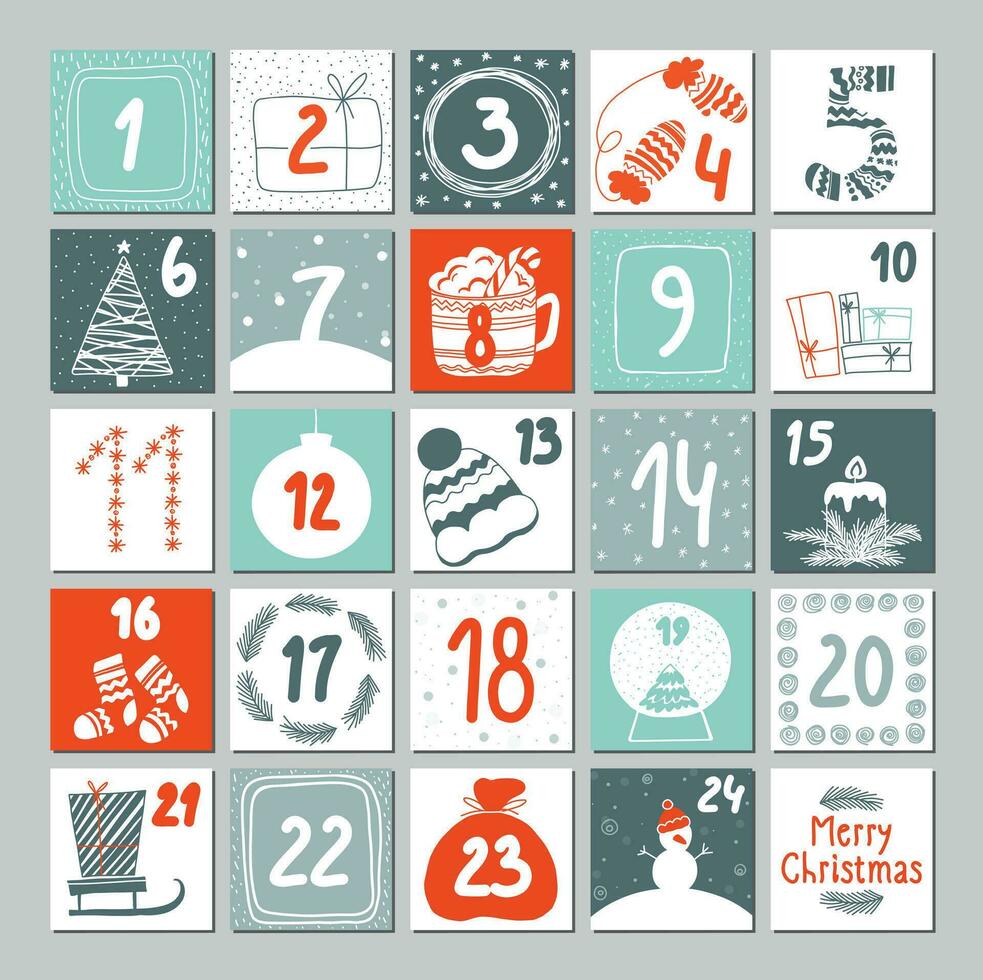 Noël avènement calendrier avec main tiré éléments. Noël affiche. vecteur