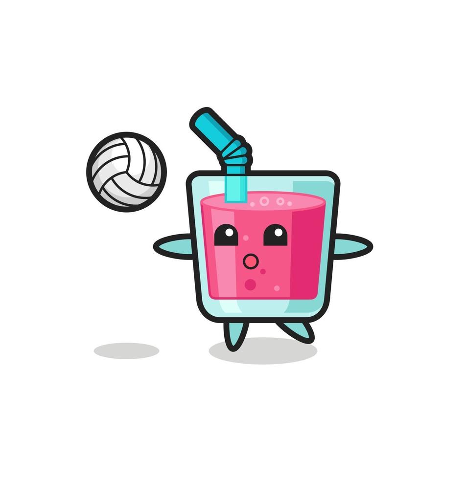 dessin animé de caractère de jus de fraise joue au volley-ball vecteur