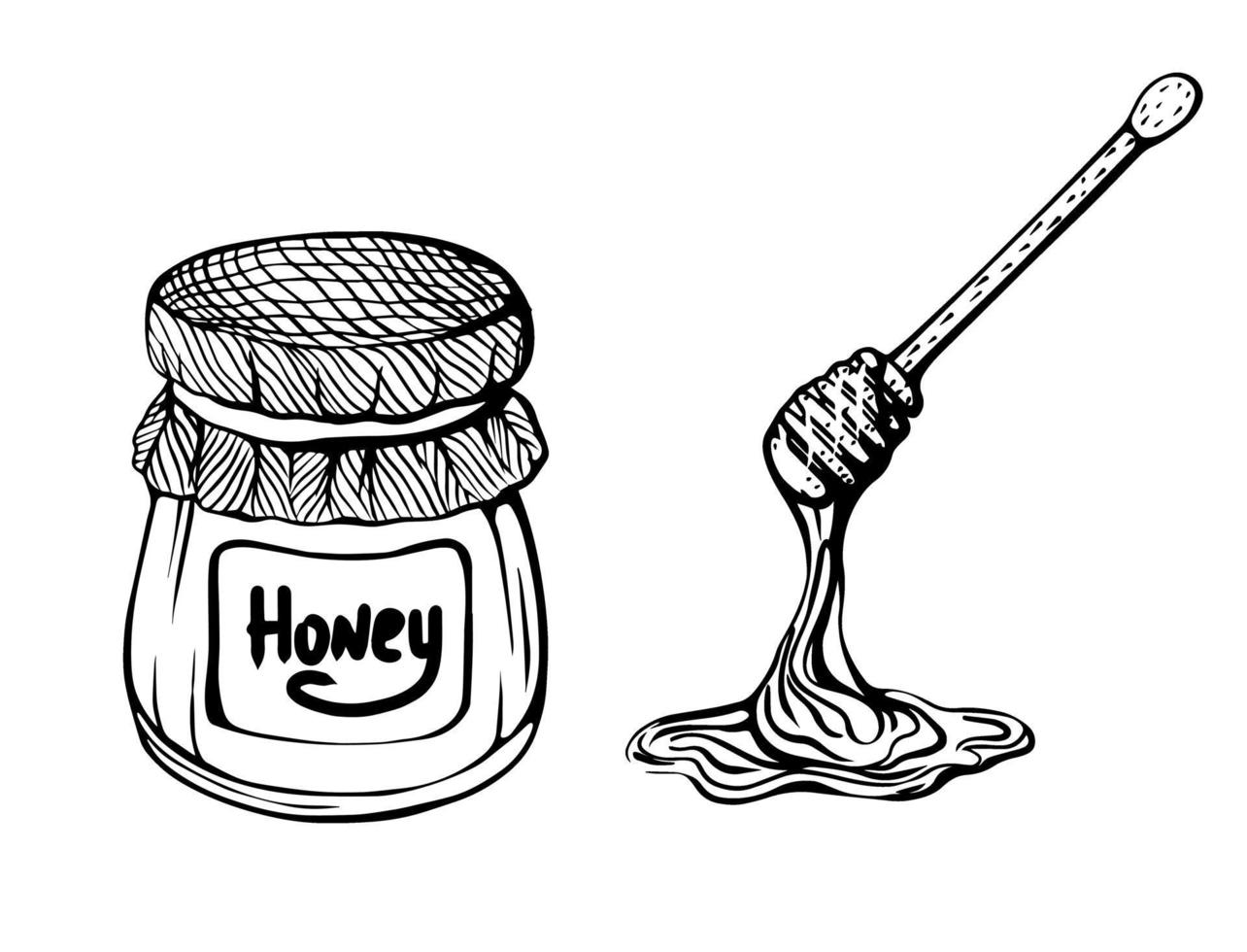 un pot de miel et un bâton de miel. miel d'abeille. vecteur