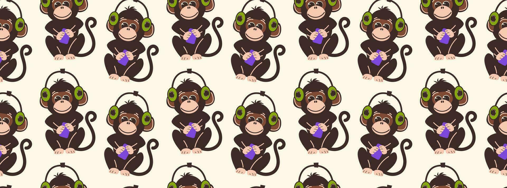 sans couture modèle avec singes dans plat style. vecteur Contexte avec mignonne singe personnages portant écouteurs.