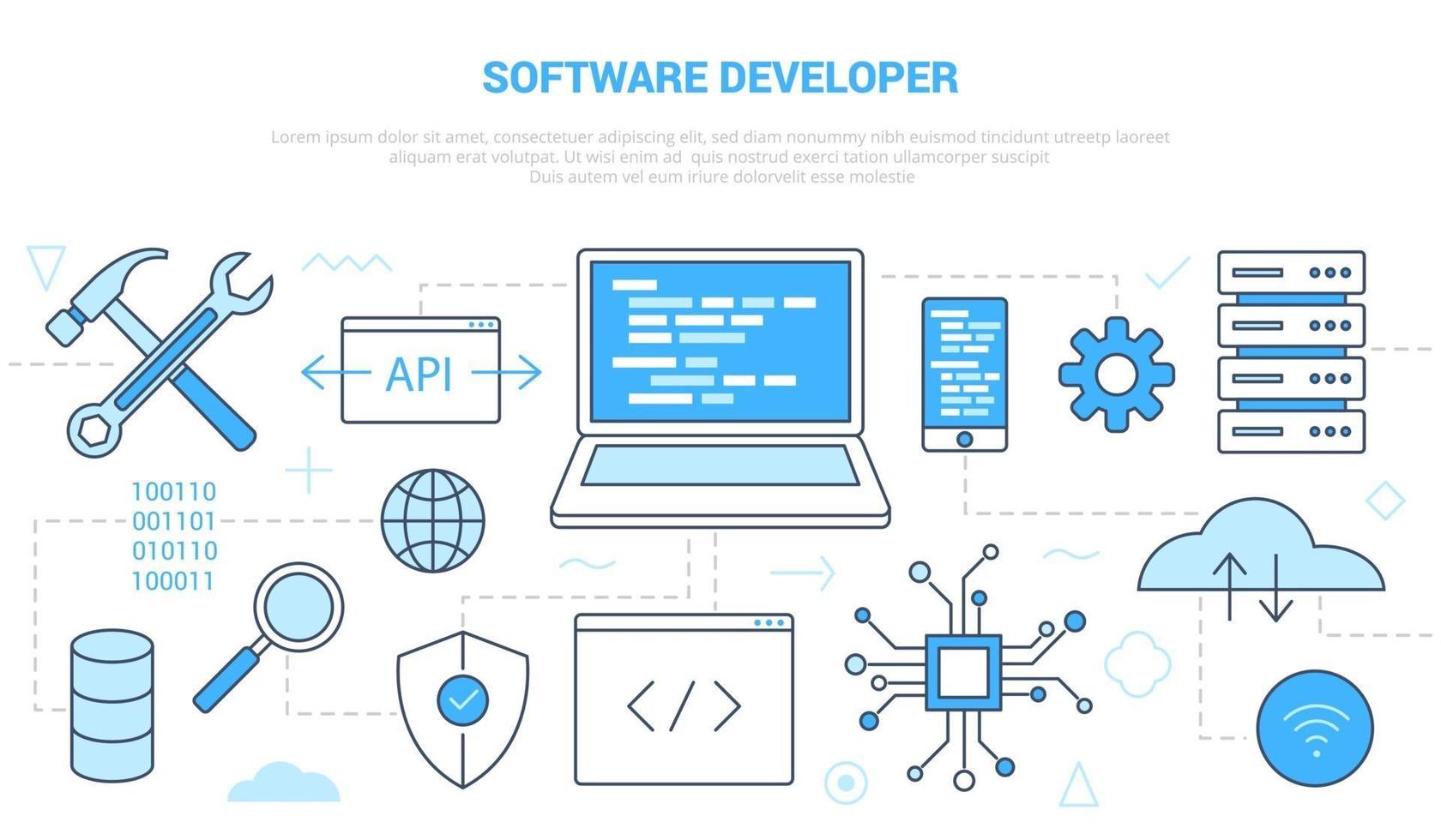 concept de développeur de logiciels avec bannière de modèle de jeu d'icônes vecteur