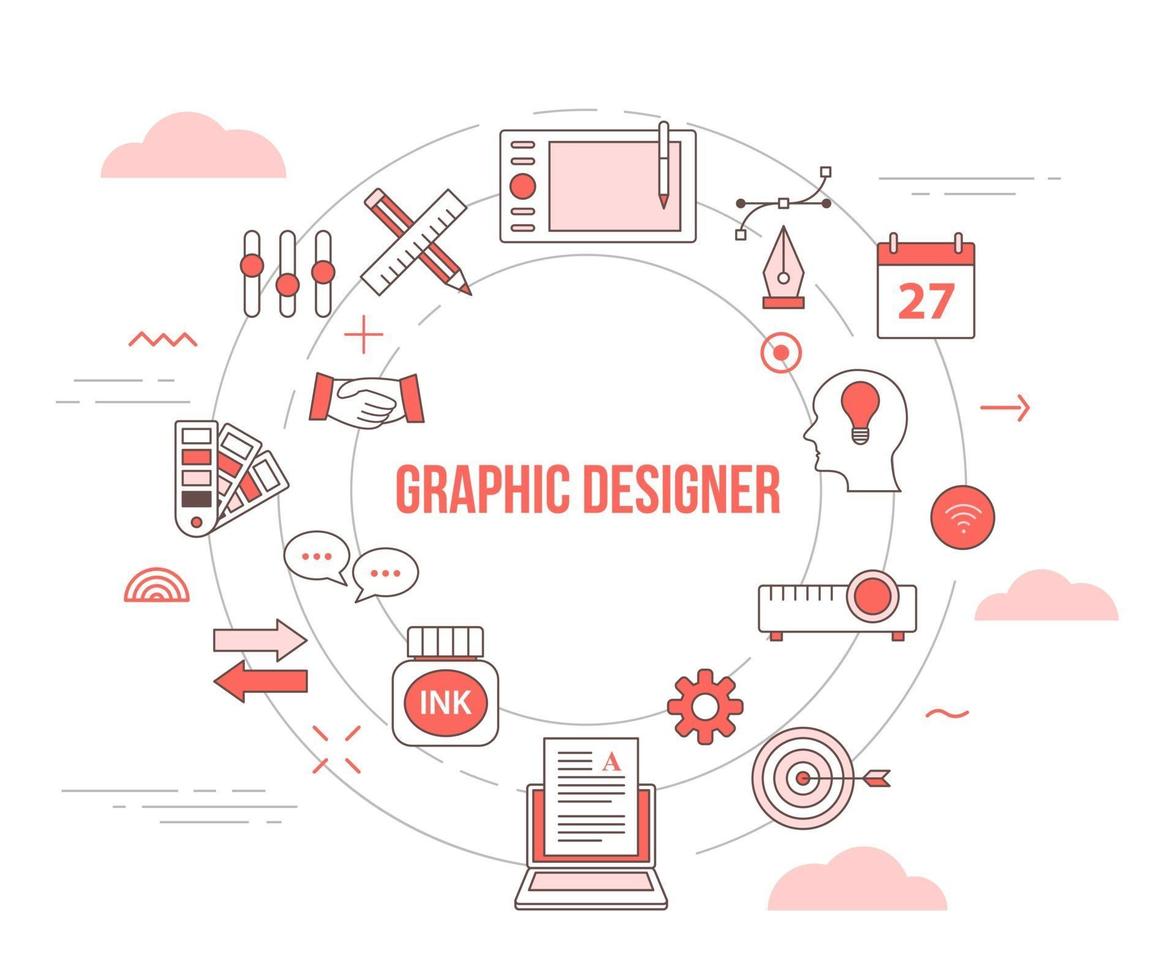 concept de graphiste avec bannière de modèle de jeu d'icônes vecteur