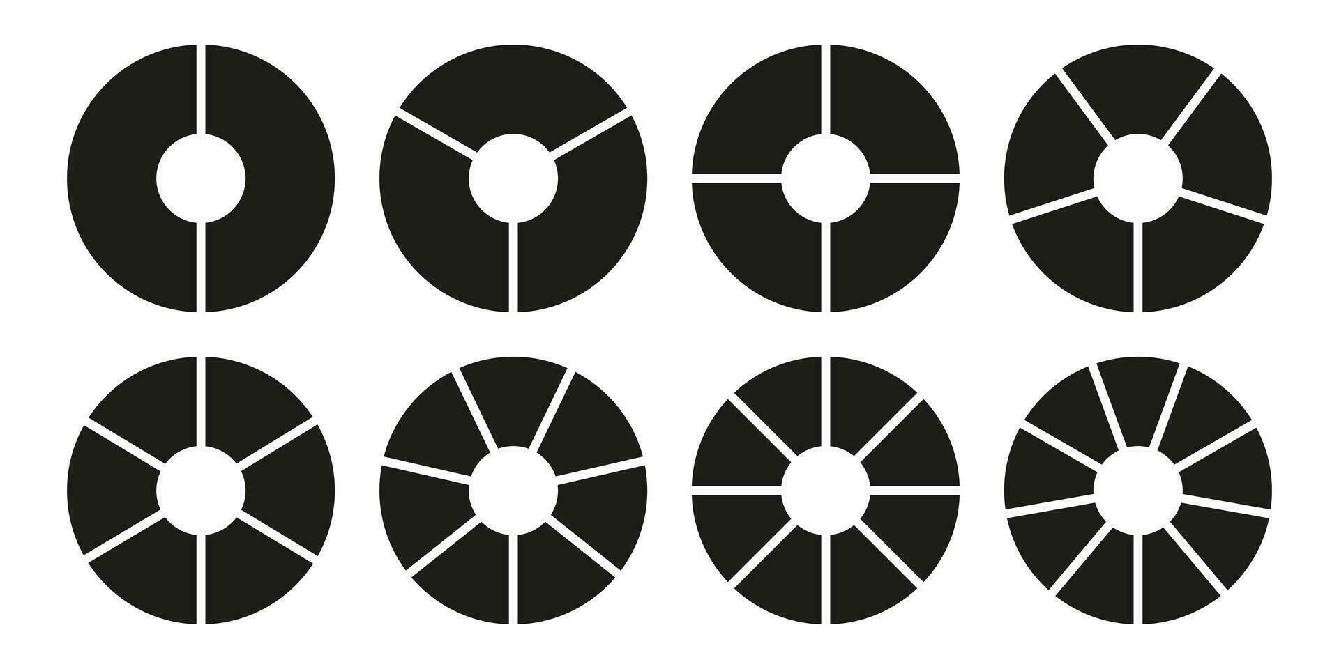 cercle division sur 2, 3, 4, 5, 6, 7, 8, 9 égal les pièces. infographie ensemble. roue rond divisé diagrammes avec deux, trois, quatre, cinq, six, Sept, huit, neuf segments. Donut graphiques, tartes. vecteur graphique.