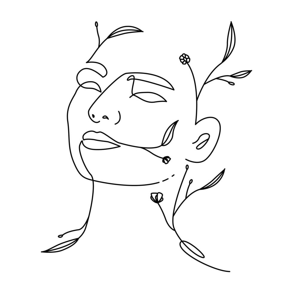 fleuriste logo avec femme visage dessin au trait vecteur
