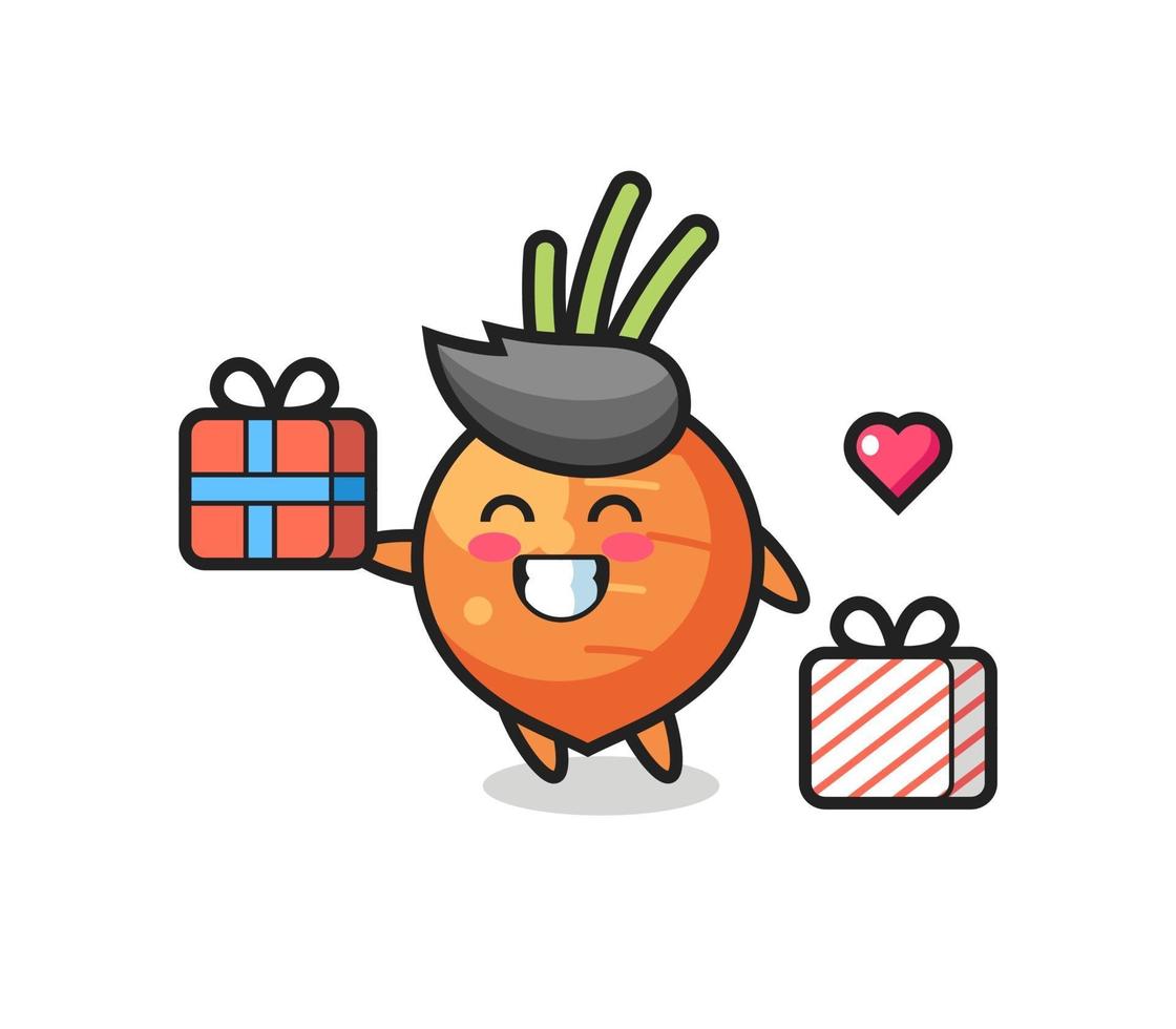 caricature de mascotte de carotte donnant le cadeau vecteur
