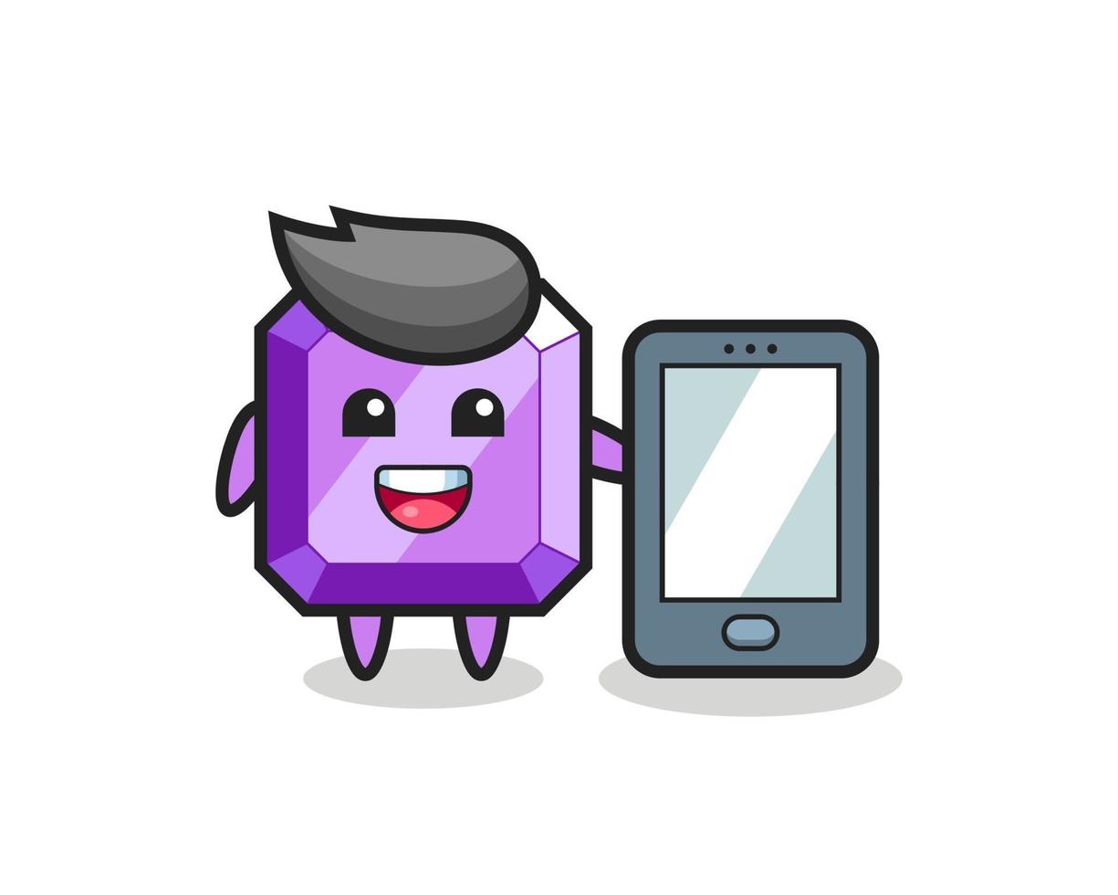 caricature d'illustration de pierres précieuses violettes tenant un smartphone vecteur