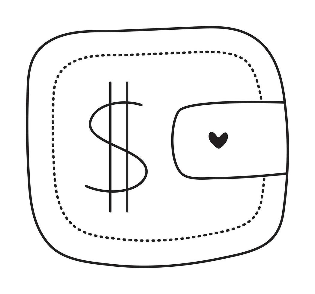 argent portefeuille noir ligne griffonnage, mignonne vecteur monochrome illustraion de bourse