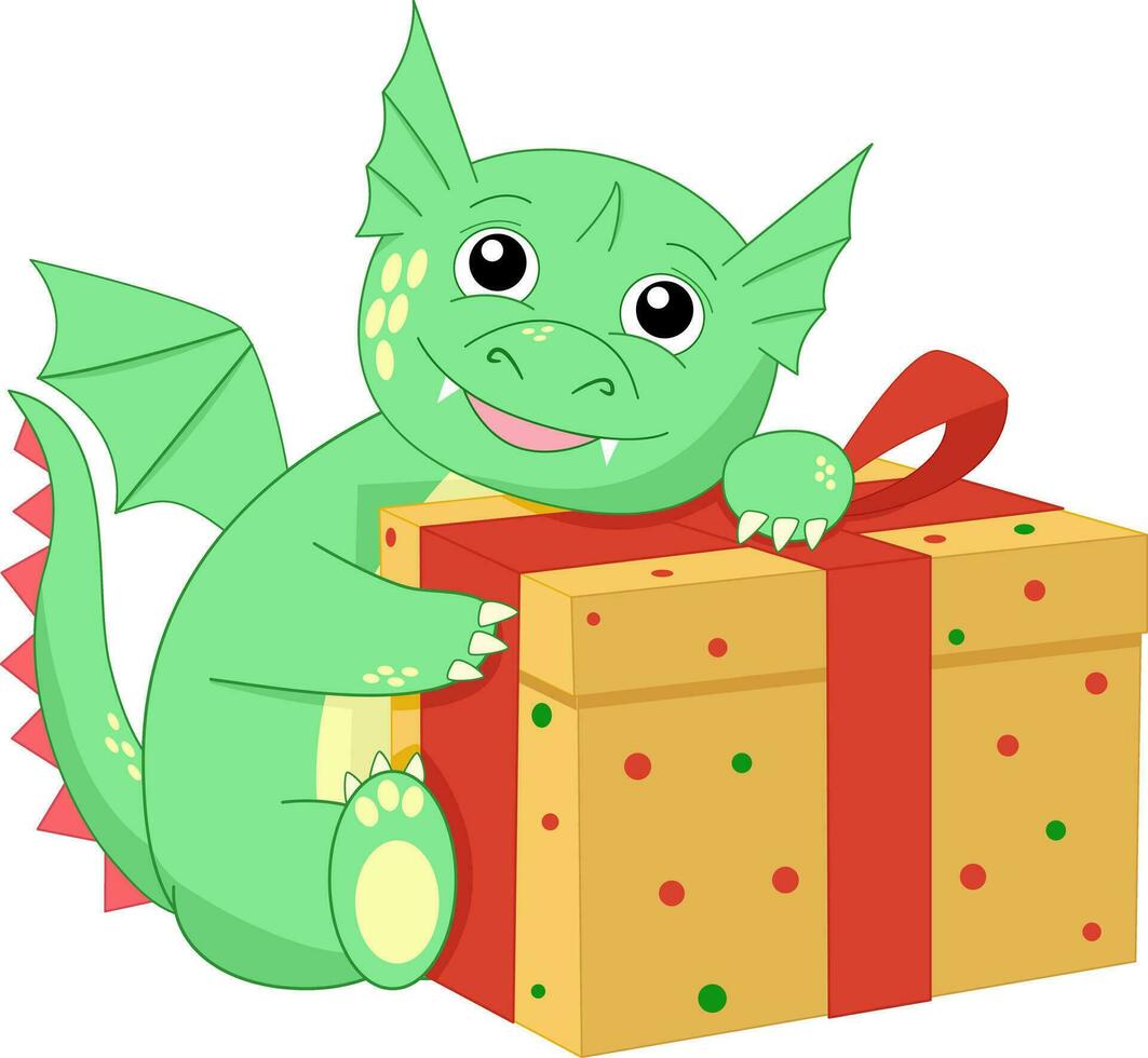 mignonne vert dragon avec une gros cadeau, étreindre et réjouissance, vacances, année de le dragon 2024, vecteur illustration