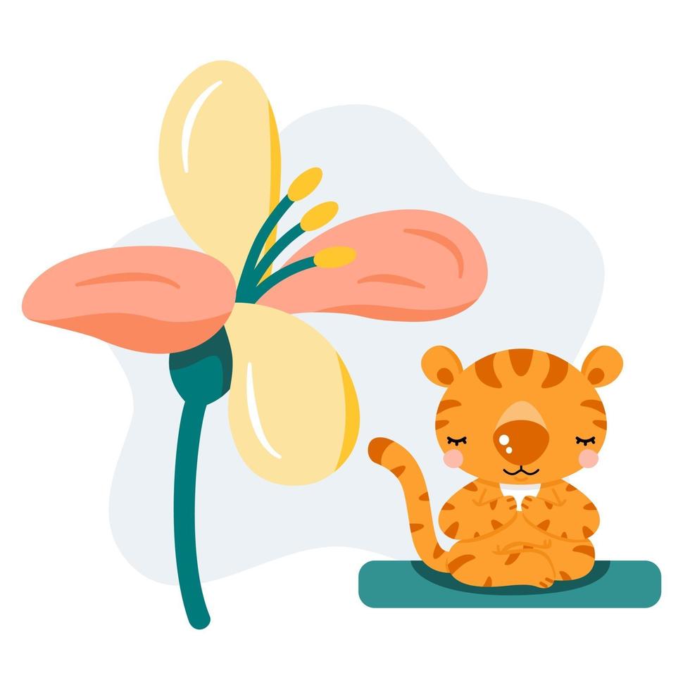 tigre de dessin animé mignon et grande fleur vecteur
